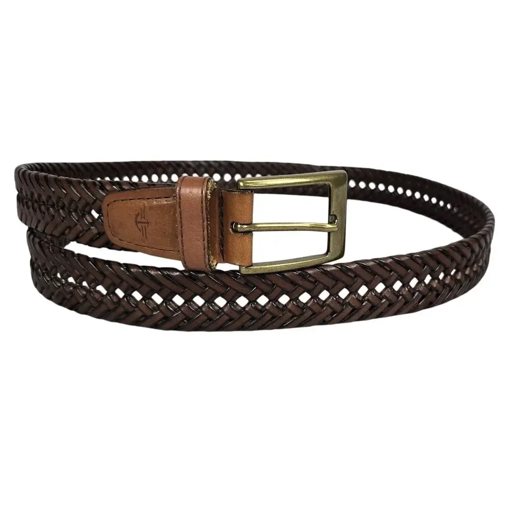 Dockers Belt Mens Sz 40 Brown Woven Leather Brass Buckle Braided Western Cowboy